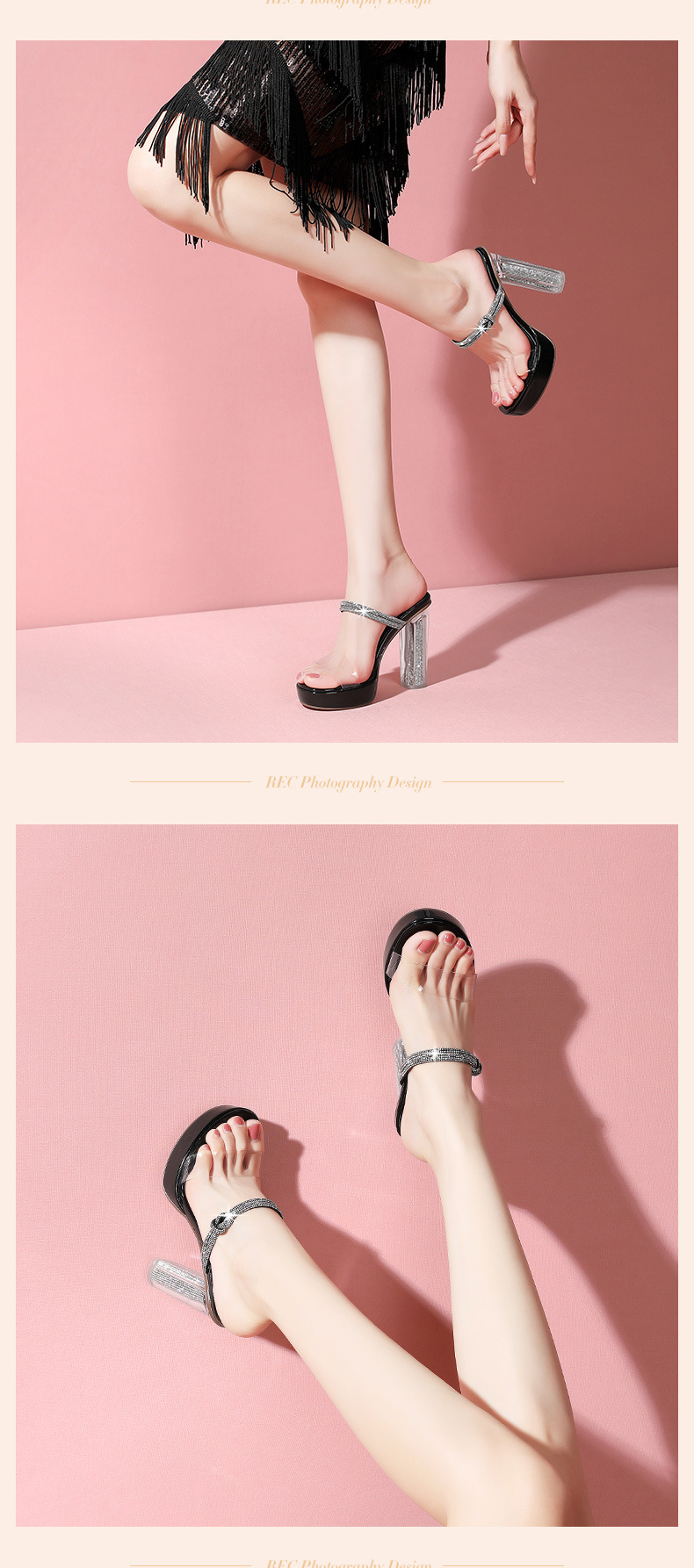 Sandal cao gót nữ gót trong suốt pha lê, quai ngang, gót 9 cm — Màu Sâm panh chi tiết 10