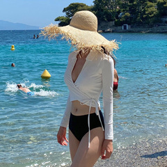 一件代發韓版辣妹性感V領顯瘦修身顯瘦學生復古長袖高腰分體泳衣