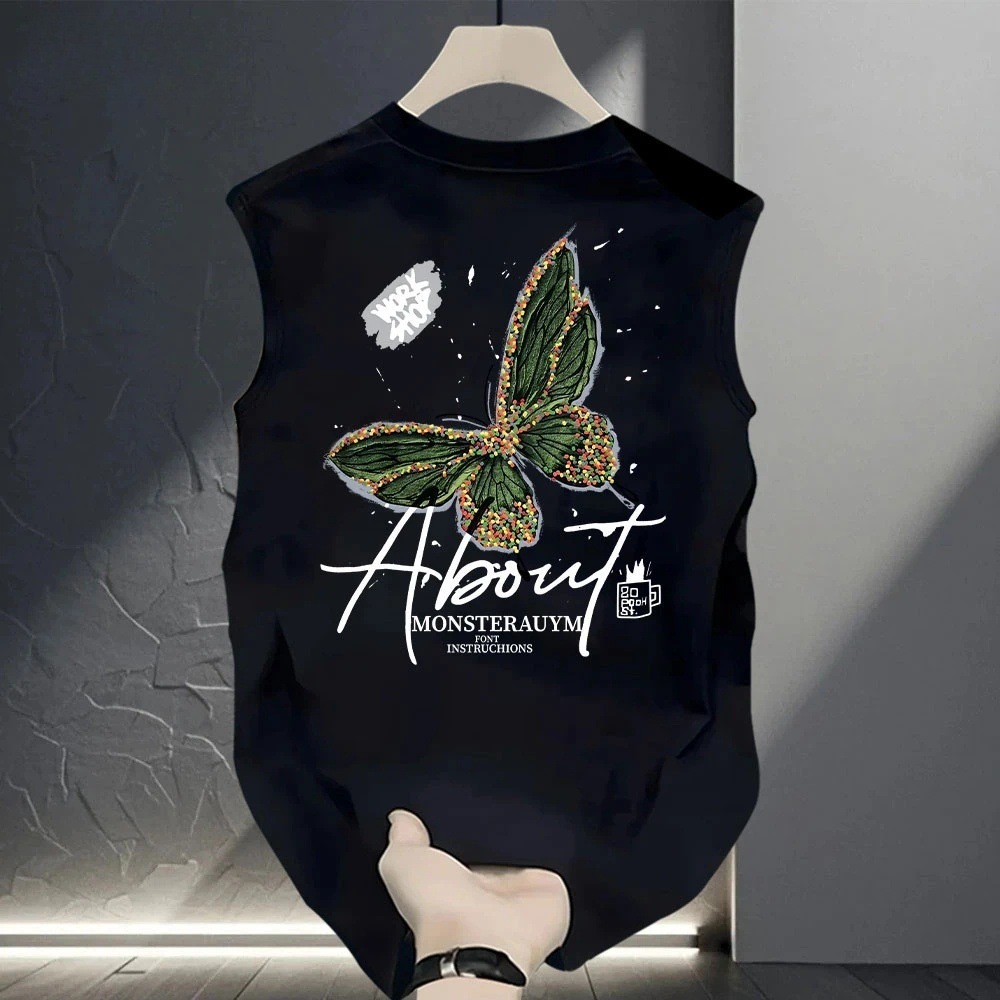 T-shirt senza maniche da uomo estiva con stampa grafica a farfalle - 100% cotone, vestibilità ampia, casual, ideale per sport e palestra._voghion.com