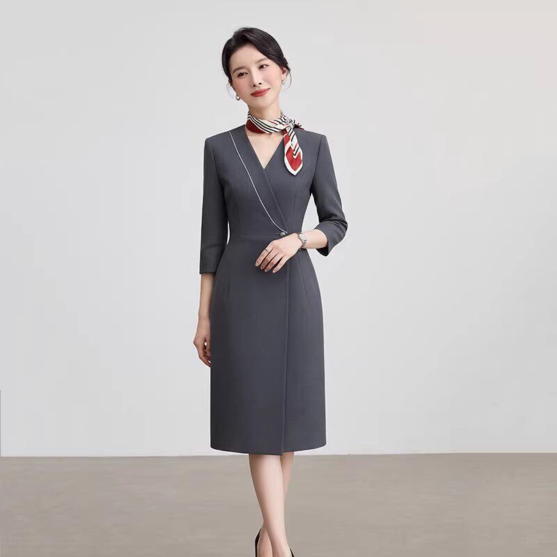 Business Professional Dress for Women, Dark Gray V-Neck, Waist-Cinching, Mid-Length, Ol Style, Hotel Front Desk Reception Work Dress