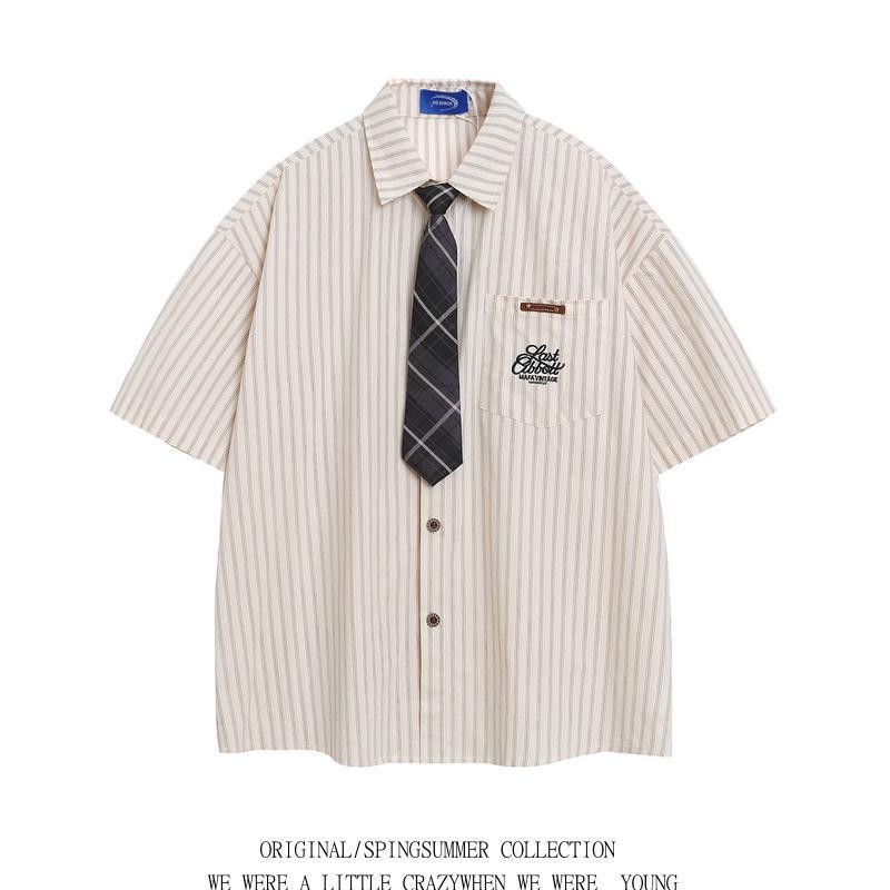 Wholesale Retro Tie Short Sleeve Shirt for Men and Women Spring New Loose Bf American College Style Couple Top