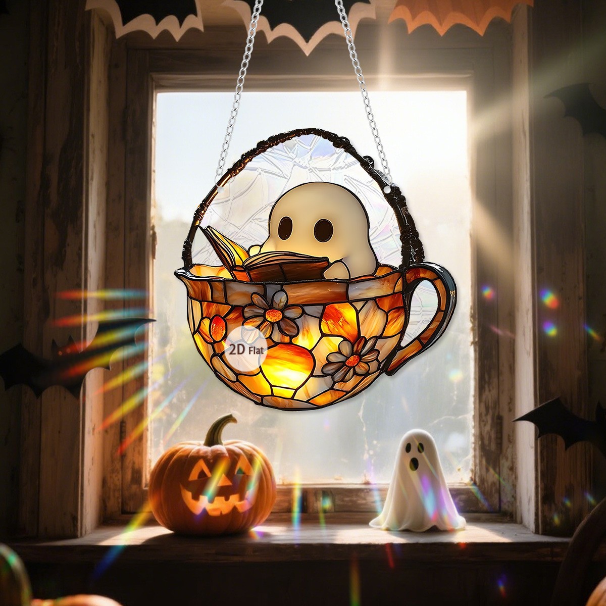 Nuevos productos transfronterizos Halloween Acción de Gracias encantador cabeza de calabaza fantasma 2D acrílico plano colgante decoración de ventana porche
