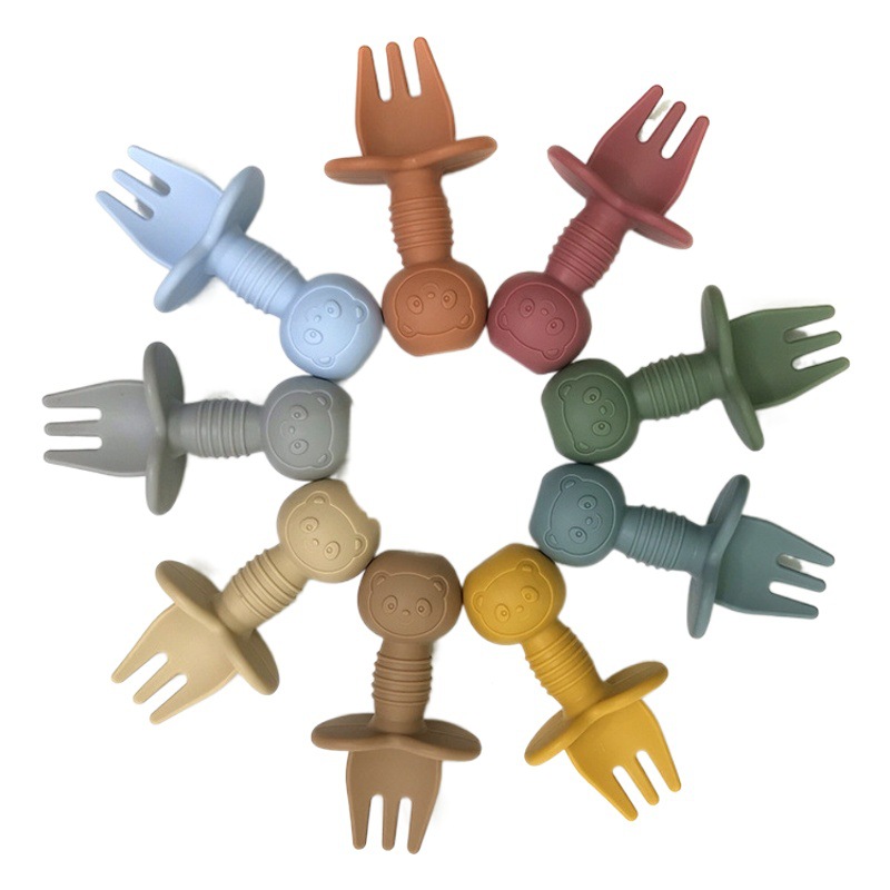 Dibujos animados Oso de silicona para niños tenedor cuchara bebé comiendo entrenamiento tenedor cuchara silicona lamiendo cuchara bebé cuchara de silicona