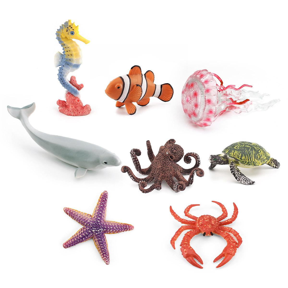 Simulación transfronteriza blanco ballena tortuga payaso pez caballito de mar pulpo medusas rey cangrejo marino biológico modelo adornos estáticos