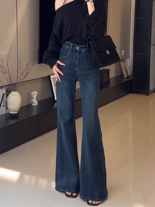 复古蓝高腰微喇牛仔裤女2025年秋季新款宽松显瘦百搭不贴腿喇叭裤|undefined