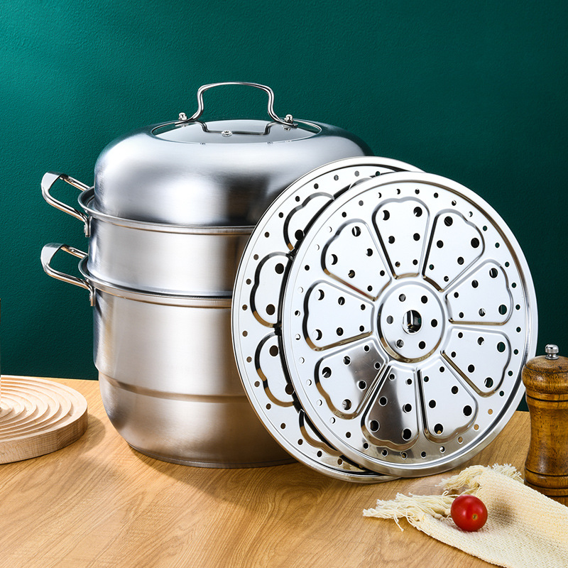 Stainless steel steamer with large capacity, thick multi-layer, for household induction cooker and gas stove universal steaming tray