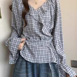 早秋新法式V领交叉领荷叶边绑带收腰显瘦格子衬衫女秋装长袖上衣