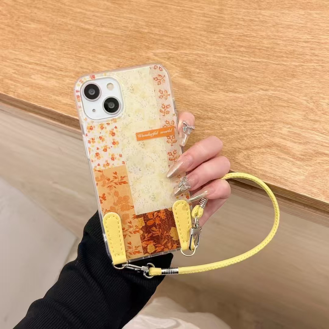 Cordón de cuero con hebilla de cuero-costura flores amarillas QH