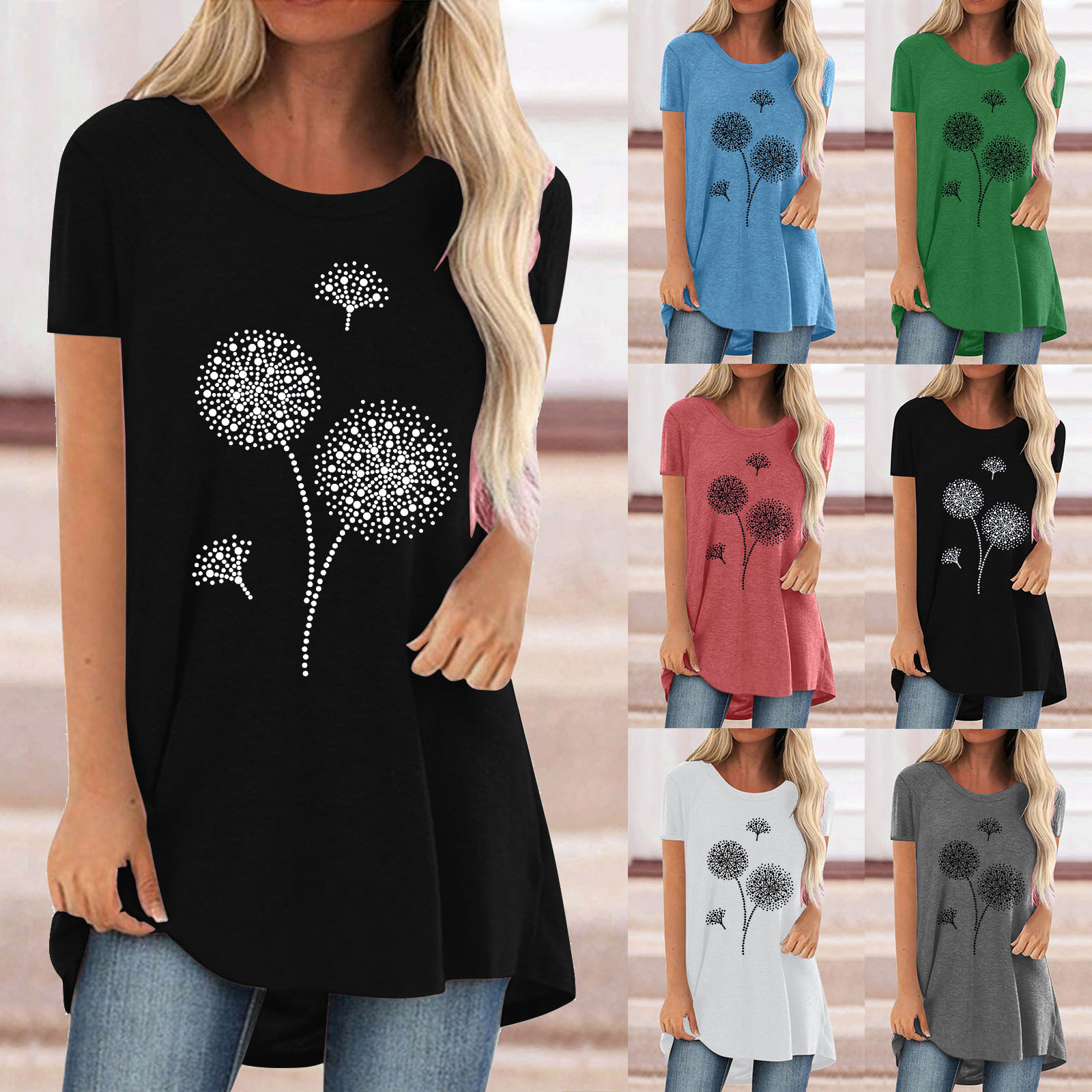 Amazon 2022 Summer Hot Sale Dandelion Creative Print Casual Large Size Mid Length Round Neck Short Sleeve T-Shirt Women