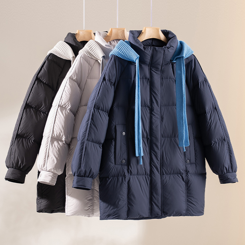 90 Duck down Jacket Women's Mid-Length Design Splicing Hooded Removable Winter Thickeneded Jacket 2025 New Style