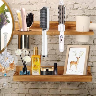 Manufacturer Customized 2-Layer Hair Tool Storage Rack Wall-Mounted Retro Hair Dryer Bracket Wooden Bathroom Storage Rack