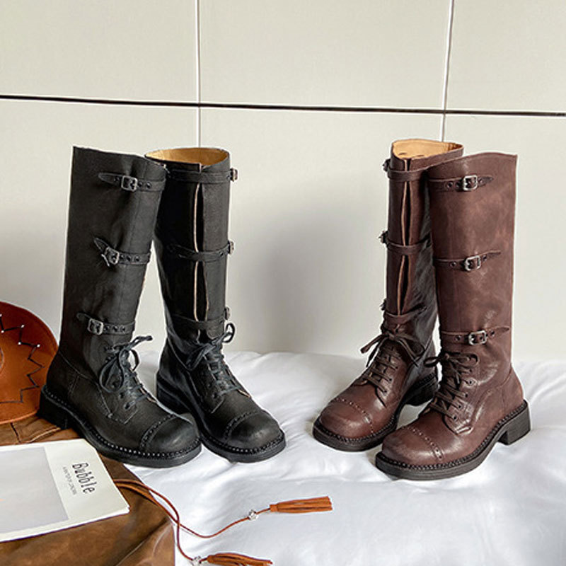 Miu Maillard Brown High Boots Women's Strap Leather Retro Antique Spice Girls Western Denim Knight Boots
