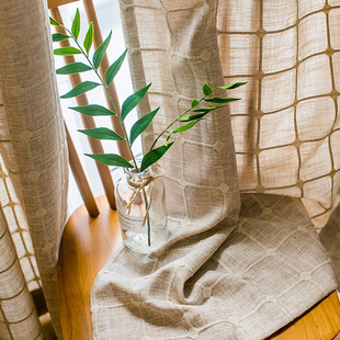 Small Plaid Coffee Grey Chinese Japanese Style Country Plain Elegant Curtain Thickened Linen Cotton Living Room Bedroom Study Hotel