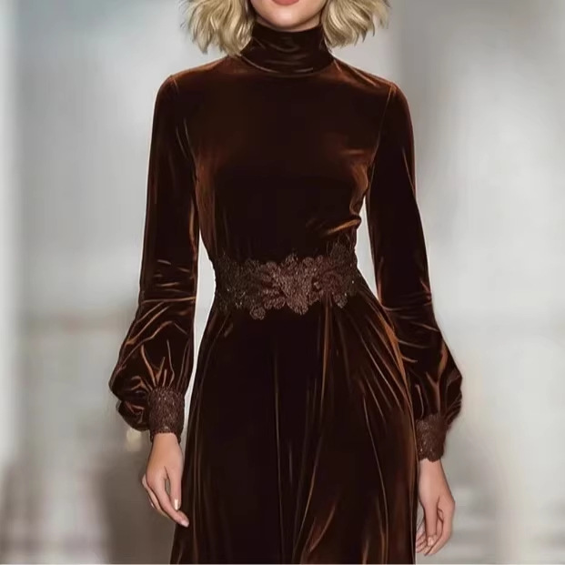 European And American Style Women's Brown Lace Long Sleeve Slim Fit Patchwork Dress 2025 Independent Website_ecoleips.com