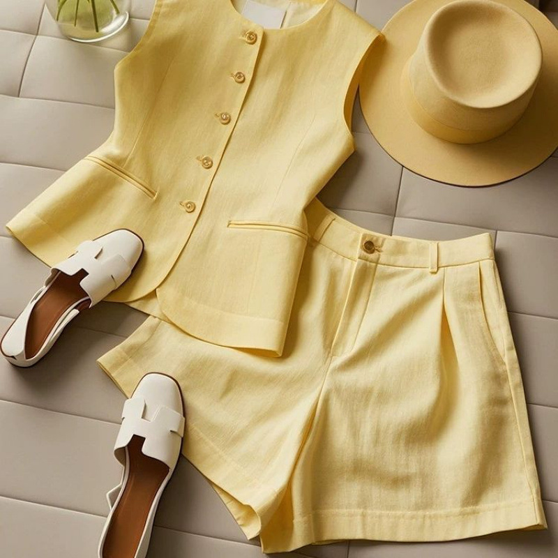 2024 Stylish Summer Outfit for Petite Figures, Trendy European Streetwear, Age-Reducing Fashion, High-End Yellow Vest and Shorts Set