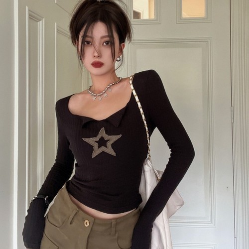 American-style spicy girl five-pointed star V-neck slimming long-sleeved T-shirt women's new design short tight base top