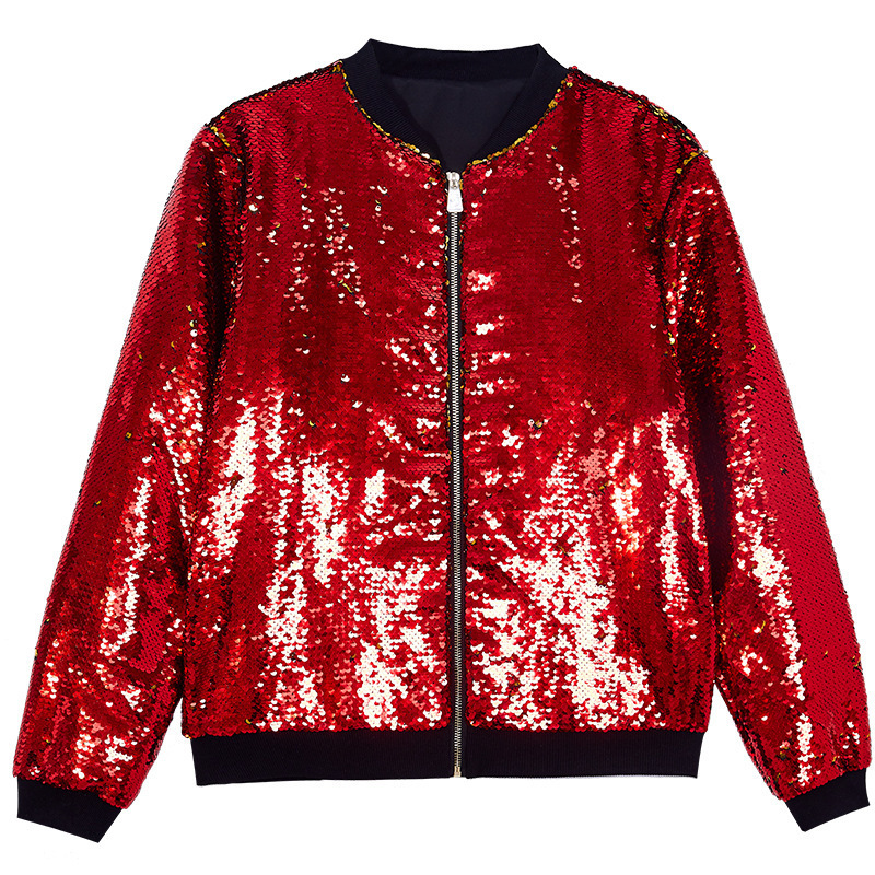 Cross-Border Foreign Trade New Women's Sequin Jacket Casual Loose Concert Baseball Jacket Women's Polyester Cross-Border Foreign Trade New Women's Sequin Jacket Casual Loose Concert Baseball Jacket Women's Polyester