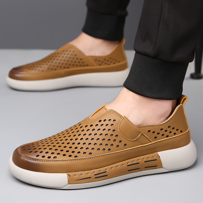 Giày da nam da bò thật đục lỗ thoáng khí đế mềm phong cách thường ngày — GX7025 màu kaki, GX7025 màu vàng