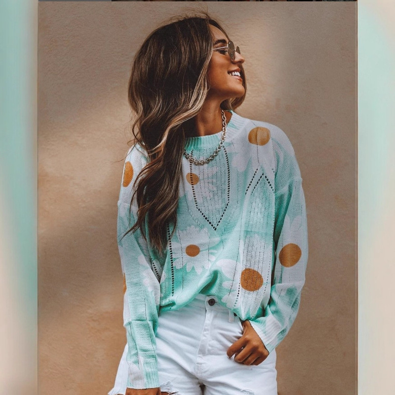 2026 European and American Style Sweater Amazon Cross-Border Trade Plus Size Sunflower Floral Knit Sweater Round Neck Dropshipping