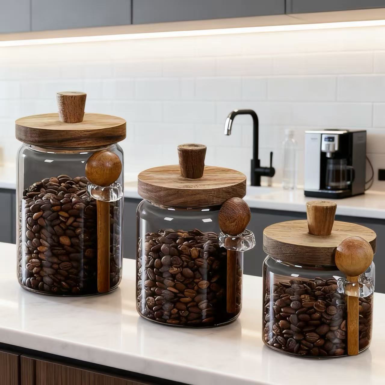 Acacia Wood Tea Canister Storage Jar Kitchen Food Grains Coffee Beans Tea Sealed Jar Transparent Storage Container