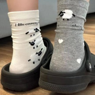 Socks Women's Korean Style Ins Design Sense Flocking Sheep Mid-length Socks Early Autumn College Style Cute Lamb Women's Socks