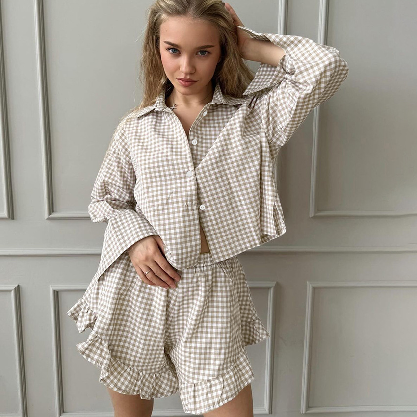 Otoño nuevo estilo europeo y americano de manga larga con volantes pantalones cortos a cuadros pijamas para mujer algodón puro suelto casual servicio a domicilio transfronterizo