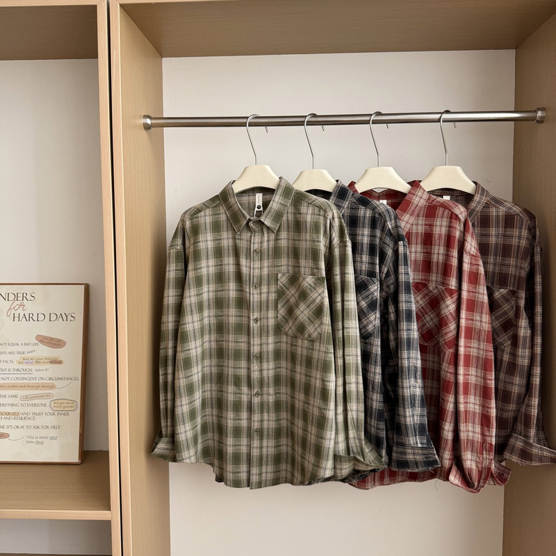 Tianshu Men's Plaid Shirt for Spring and Summer, Long-Sleeve Japanese Retro Cardigan, Loose and Stylish Versatile Shirt Tianshu Men's Plaid Shirt for Spring and Summer, Long-Sleeve Japanese Retro Cardigan, Loose and Stylish Versatile Shirt