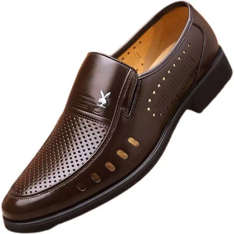 【真皮牛皮】處理皮鞋男鞋夏季透氣涼鞋男軟底鏤空洞洞鞋