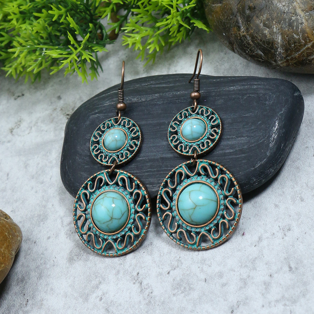 1 Pair Hip-Hop Retro Solid Color Inlay Alloy Turquoise Drop Earrings display picture 7