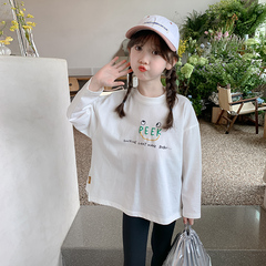女童長袖T恤薄款春秋款2024新款兒童秋季上衣女孩秋裝白色打底衫