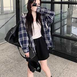 严选韩系慵懒风格子连帽衬衫女夏季宽松显瘦外套长袖防晒上衣衬衣