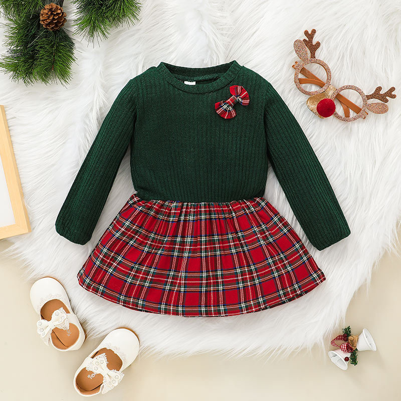 3-color New Autumn Long-sleeved Round Neck Lattice Bow Stitching Christmas Girls Dress display picture 1