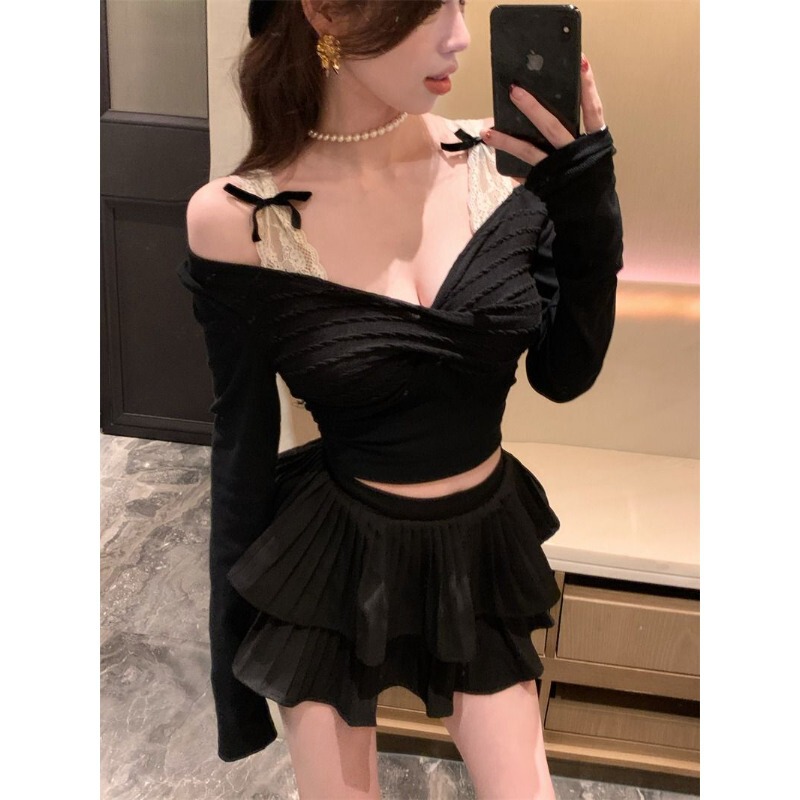 纯欲风假两件蕾丝拼接T恤女春秋季内搭甜辣一字露肩修身短款上衣|undefined