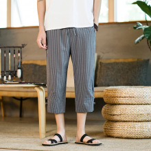 2025夏季新款男士休闲裤条纹棉麻中国风宽松大码盘扣七分裤亚麻裤