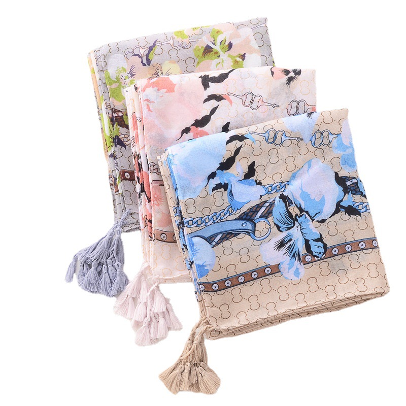 Comercio exterior europeo y americano patrón clásico algodón y lino sentir bufanda Gu cadena flor primavera y verano viajes fotografía chal largo