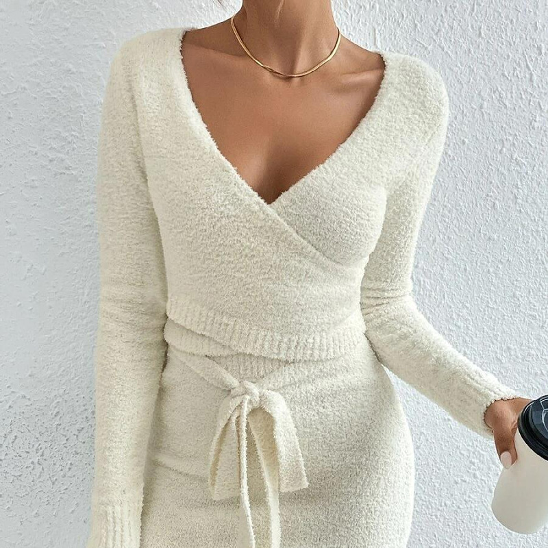 Women's suit knitted solid color top sweater skirt two-piece female_voghion.com