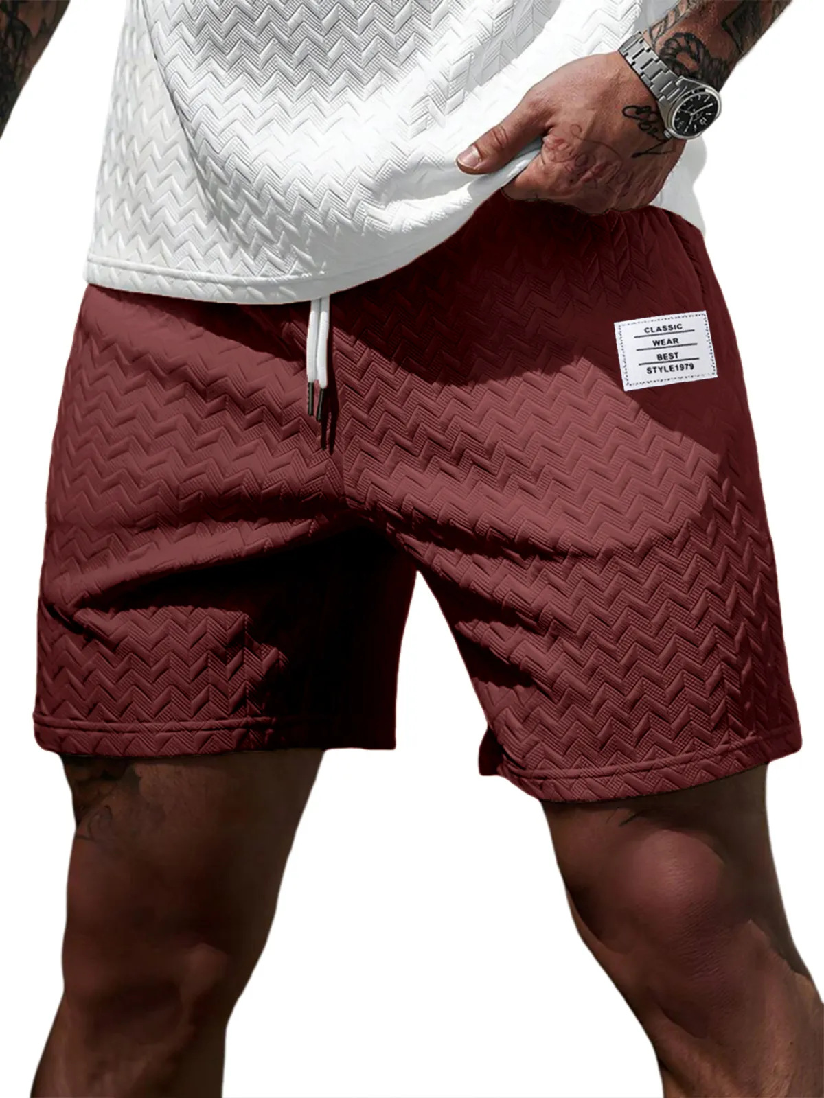 Short d'été décontracté pour homme, coupe ample, couleur unie, tissu jacquard, cordon de serrage, style plage, pour occasions formelles et décontractées._voghion.com