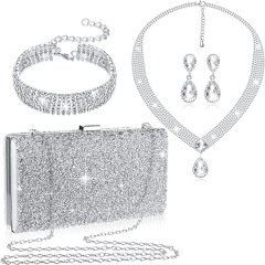 Elegant European and American Bridal Diamond-Encrusted Square Evening Bag Jewelry Set, 4-Piece, Light Luxury Water Drop Sapphires Necklace Earrings Bracelet