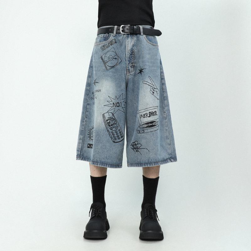 2024 Summer American Style Street Graffiti Print Denim Pants Men's Summer Loose Fashion Brand Retro Cropped Pants 2024 Summer American Style Street Graffiti Print Denim Pants Men's Summer Loose Fashion Brand Retro Cropped Pants