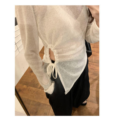 Women's Summer New Design Sensory Pleated Knit Top with Sheer Ice Silk Sun Protection Cover Shirt Thin Sheer Long Sleeve T-Shirt