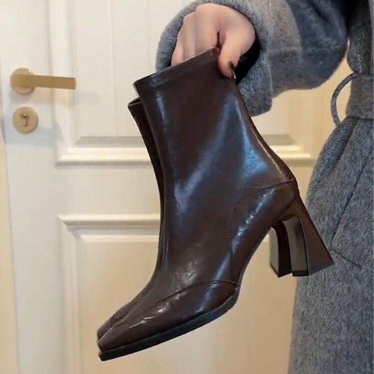 Cowhide ~ Retro High-Heeled Slim Boots for Women in Autumn and Winter Square-Toe Boots Thick-Heeled Elastic Short Boots Brown Maillard Women Cowhide ~ Retro High-Heeled Slim Boots for Women in Autumn and Winter Square-Toe Boots Thick-Heeled Elastic Short Boots Brown Maillard Women