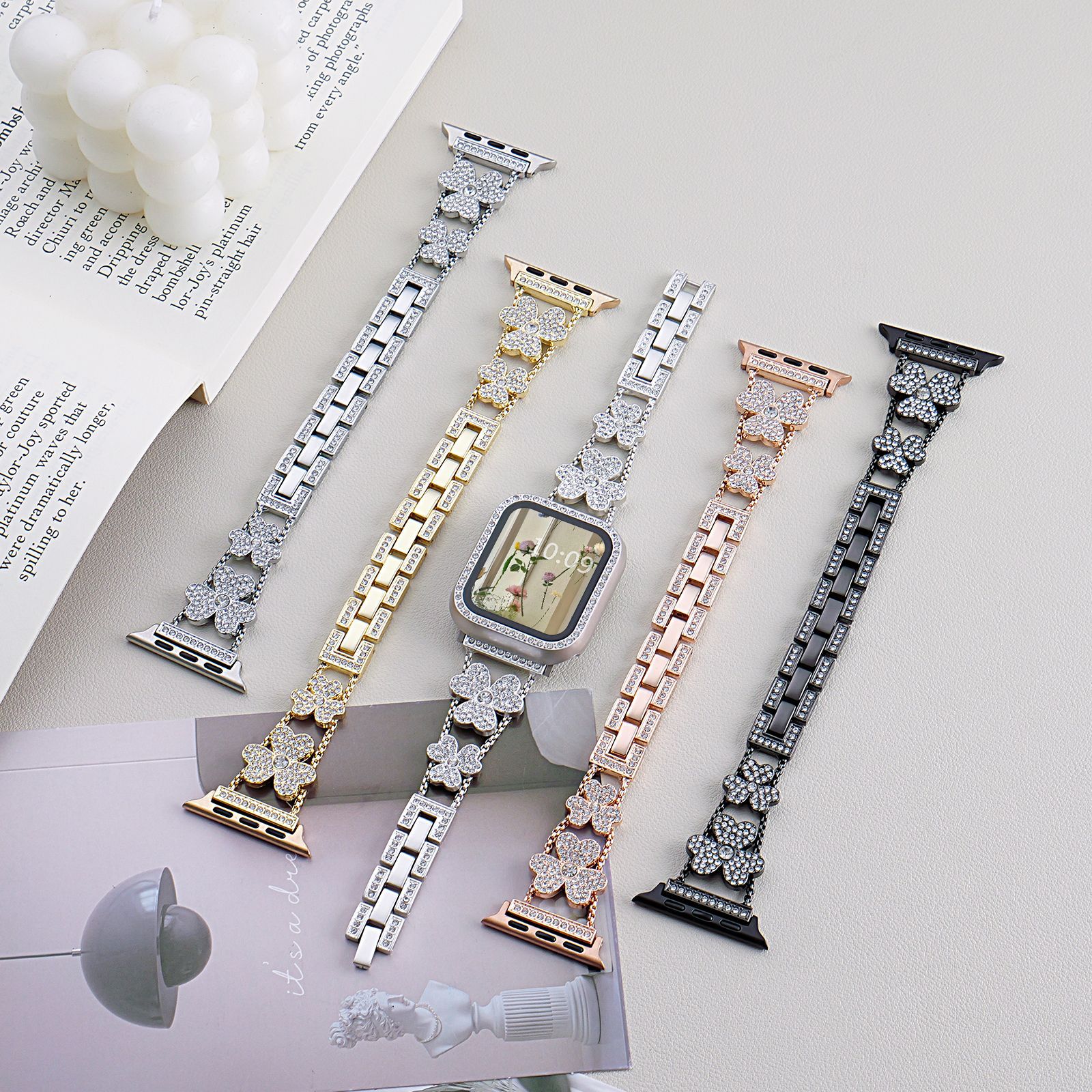 Suitable for Apple Iwatchs11 Clover Diamond Metal Women's Apple Watch S10 Fashion High-End Watch Strap