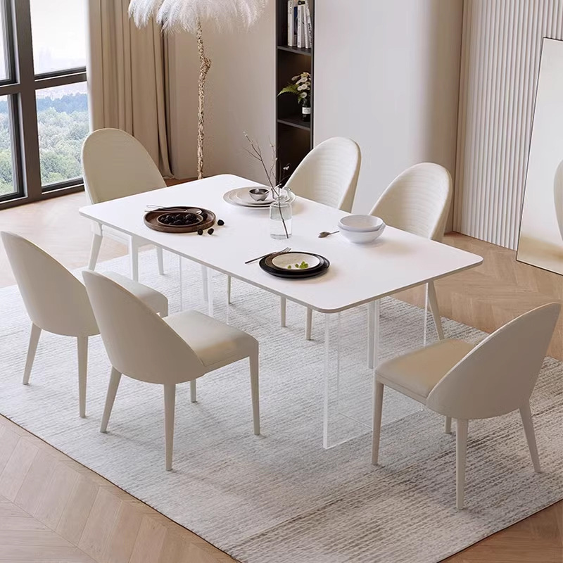 Acrílico roca placa mesa de comedor crema estilo hogar pequeño apartamento moderno simple luz de lujo rectangular mesa de comedor familiar