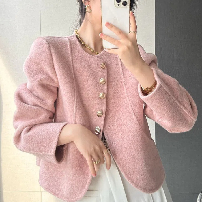 小香风外套女2025秋冬新款圆领单排扣双面设计感小个子呢子大衣女|undefined