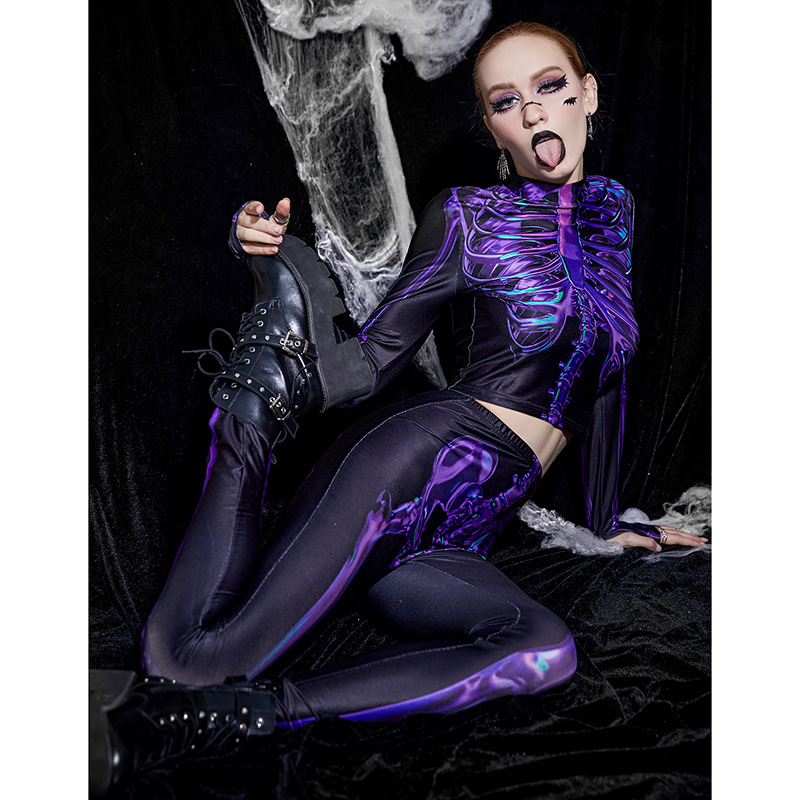 Personalized Women's Two-piece Halloween Dark Gothic Print Long-sleeved Top And Trousers Suit