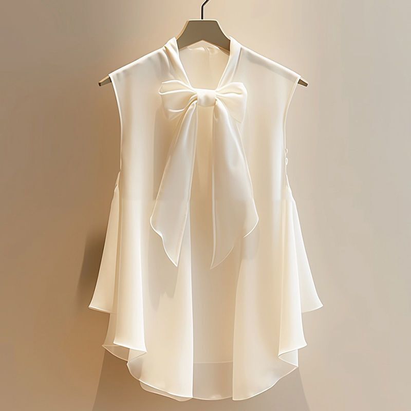 Beautiful and Stylish Sleeveless Top for Women, White Super Fairy Chiffon Shirt, Sleeveless Bow Shirt, 2025 New Style Straight Hair