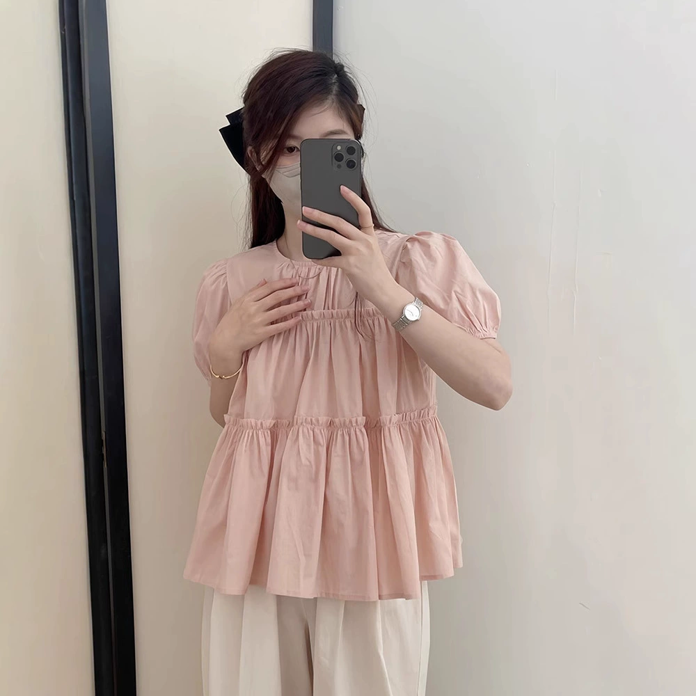 Летняя шифоновая рубашка нишевые дизайн с складками и круглым вырезом с короткими рукавами рубашка женская шикарная свободная маленькая детская рубашка