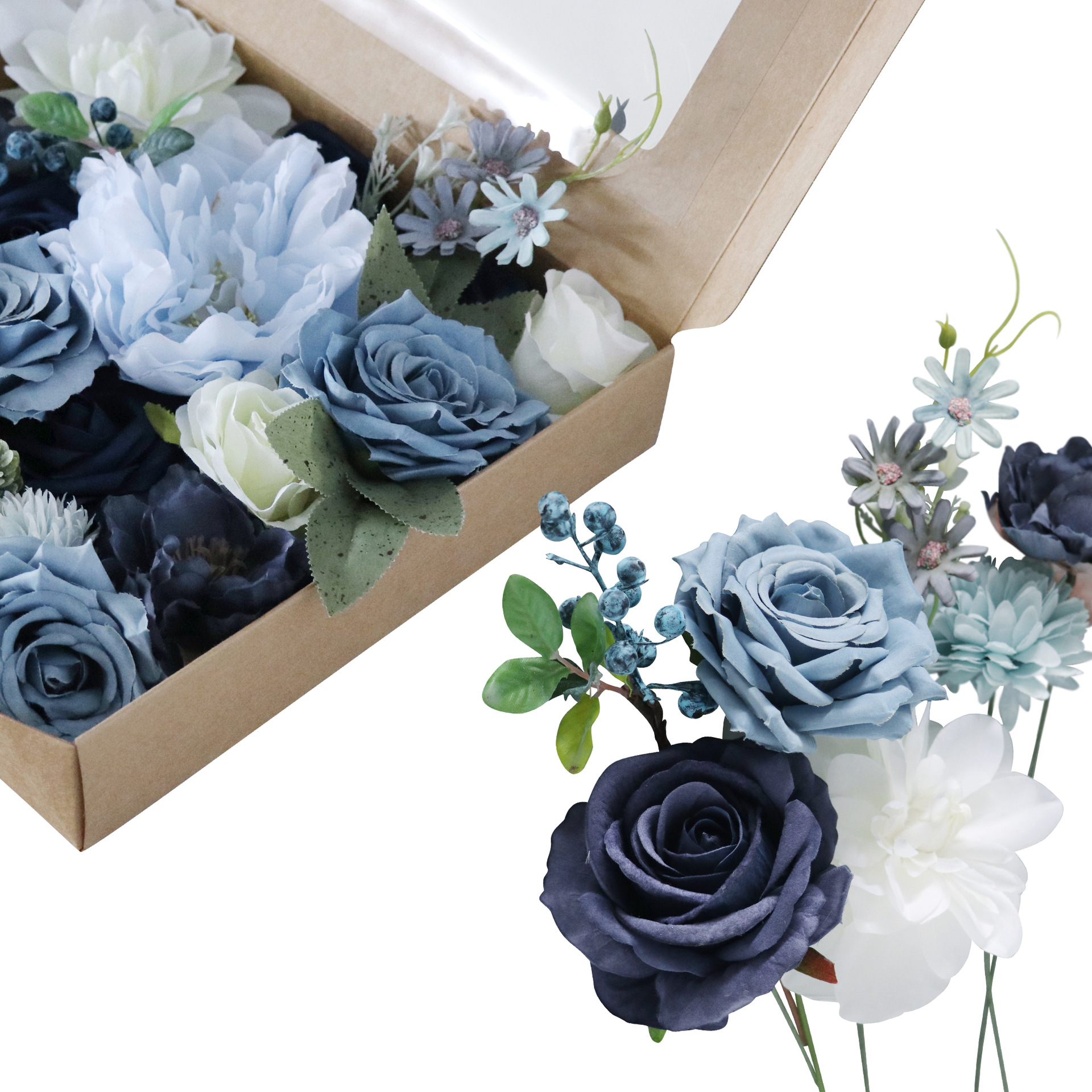 亚马逊高档仿真花礼盒装婚礼情人节生日礼物花盒花头带杆家居花束