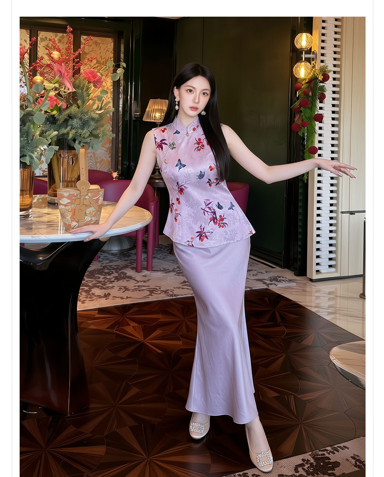 Áo gile nữ cổ đứng không tay họa tiết thêu hoa văn quốc phong — màu tím chi tiết 6