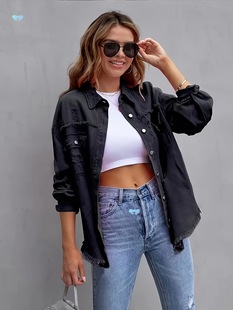 Women's Pink Distressed Denim Jacket Raw Edge Long Sleeve